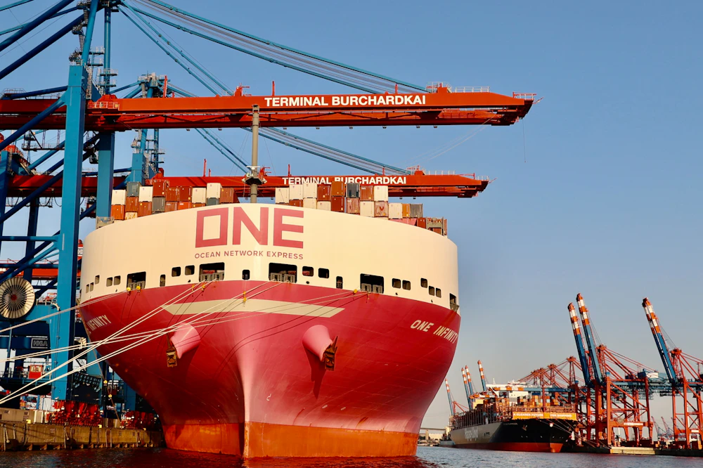 A container ship beside loading cranes at a port